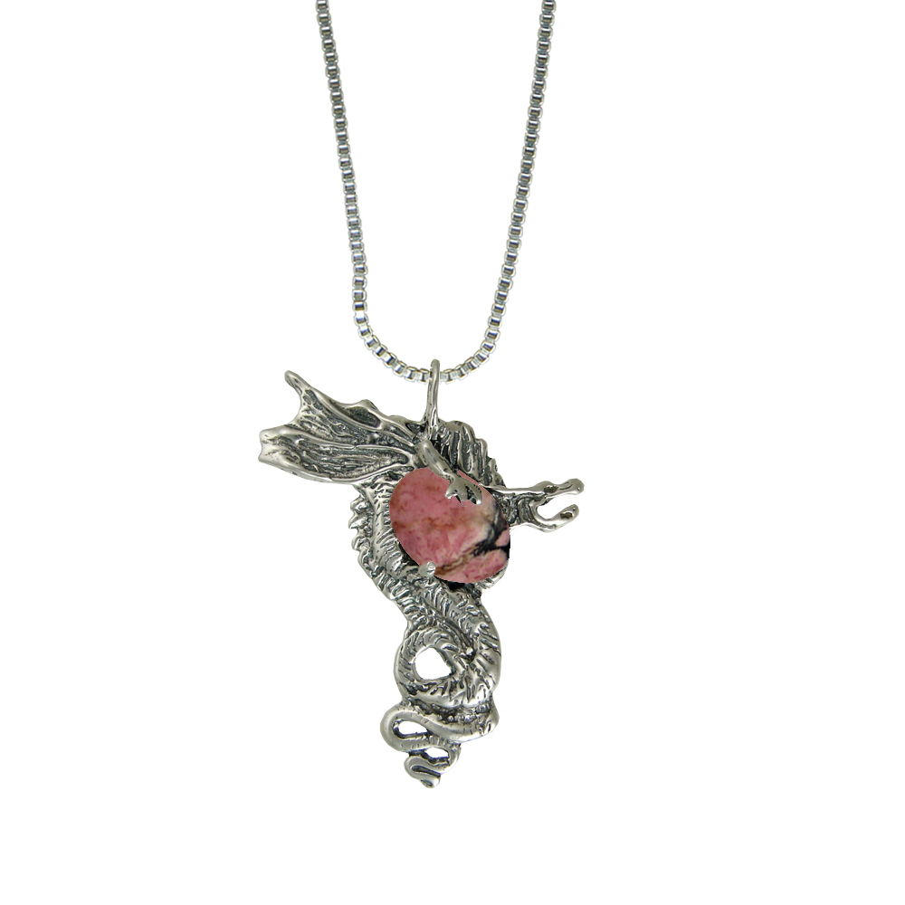 Sterling Silver Warrior Dragon Pendant With Rhodonite